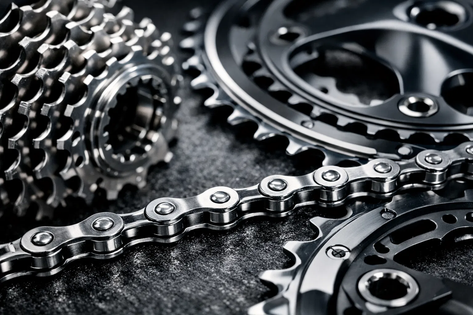 Close-up of premium drivetrain components showing chain precision and cassette design