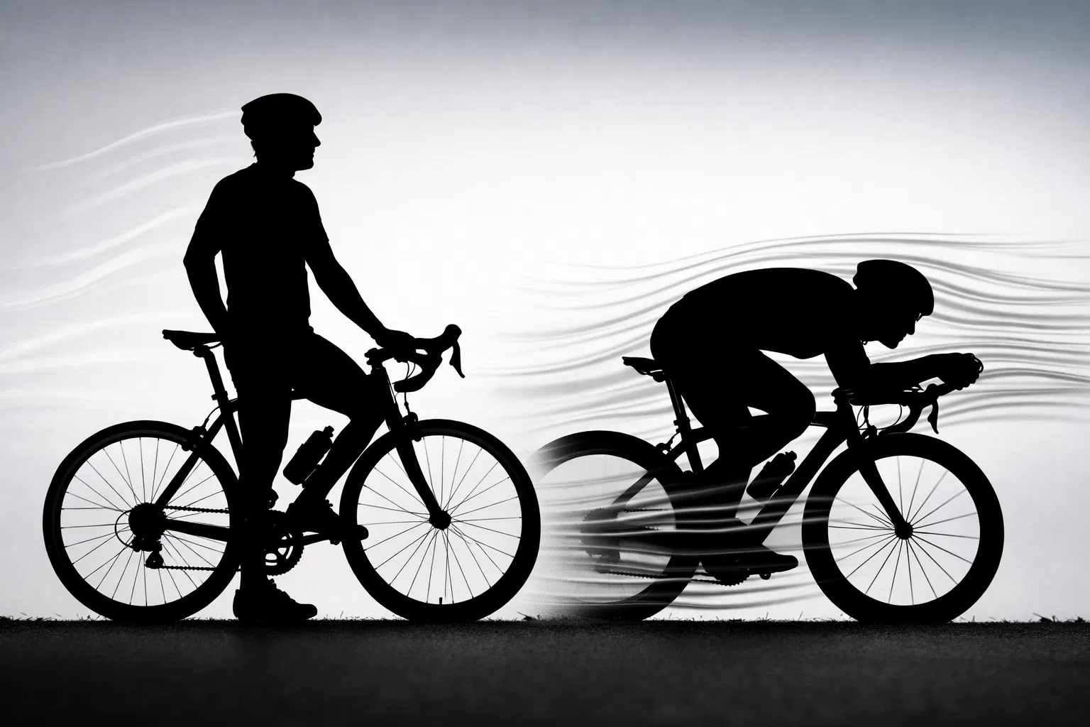 Side-by-side comparison of upright versus aerodynamic riding positions with wind flow visualization